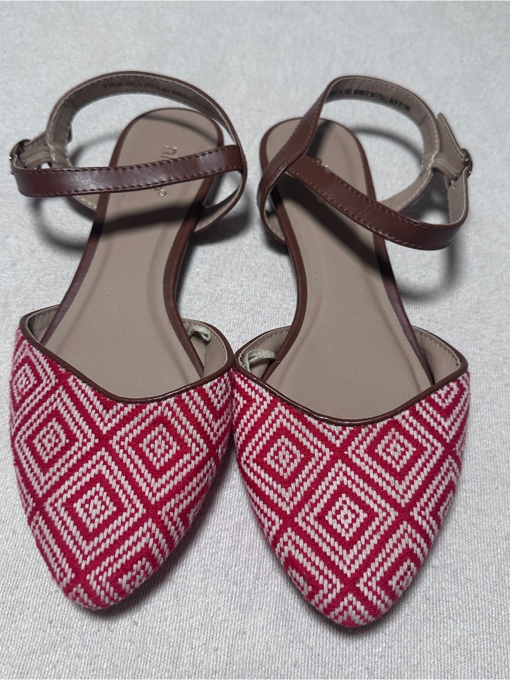 Nicole Vintage Red and White Geometric Pointed-Toe Ankle-Strap Flats